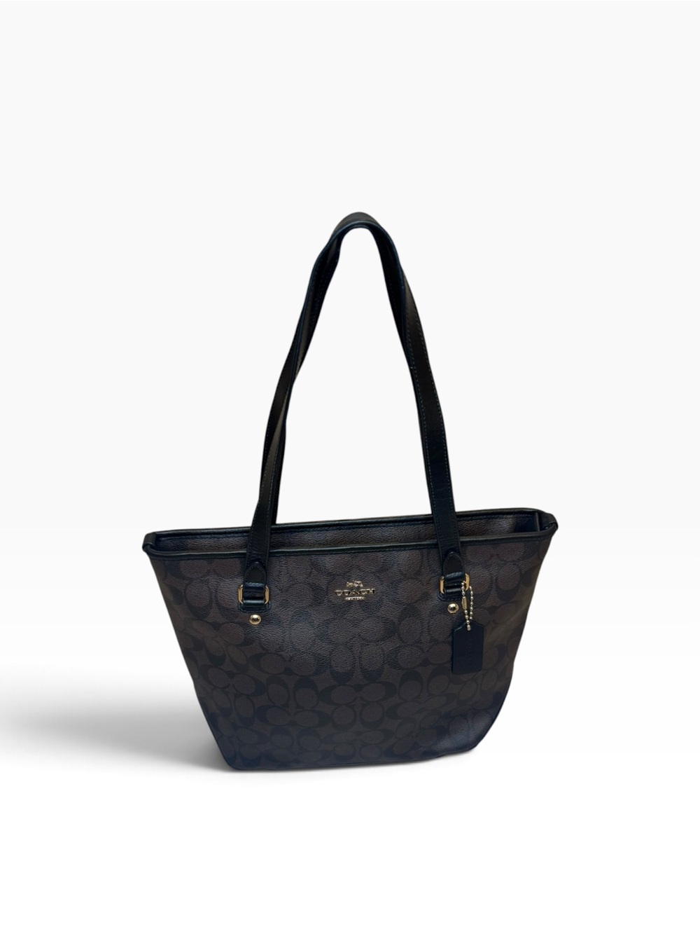 Coach Gallery Tote Signature Canvas Brown Black Leather F58292